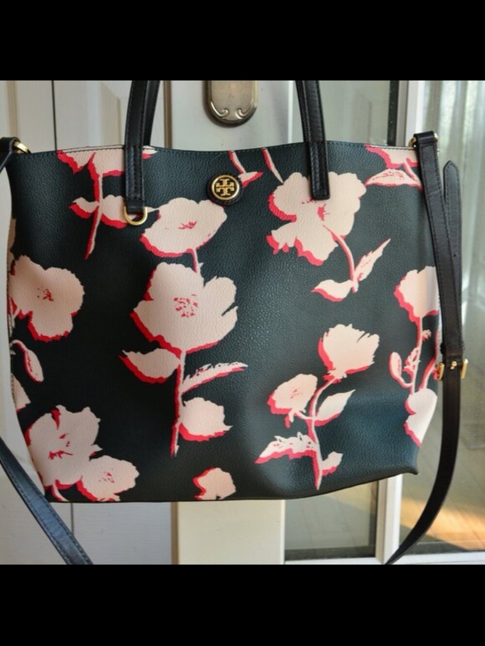 Tory Burch Black Tote with Pink Floral Print